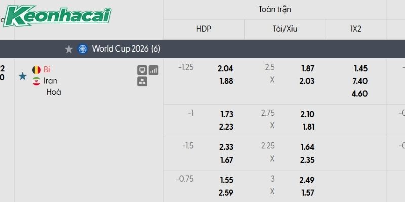 Tỷ lệ kèo Bỉ vs Iran