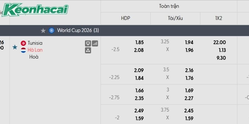 Tỷ lệ kèo Tunisia vs Hà Lan Tỷ lệ kèo Tunisia vs Hà Lan